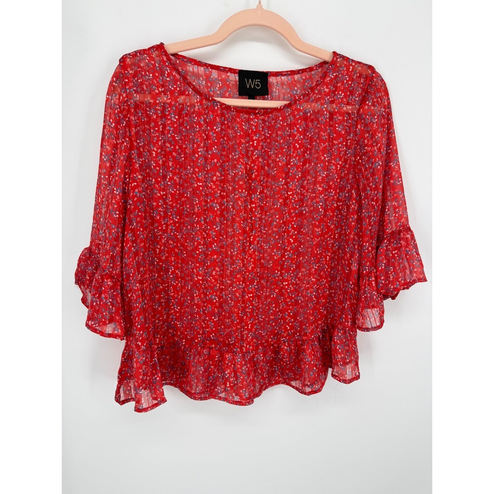 W5 Floral Ruffle Blouse Women Small Red Sheer Lurex Bell Sleeve Fairy Career